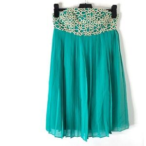 Lilly Pulitzer Aqua Green Silk Pleated Embroidered Gold Lace Strapless Dress
